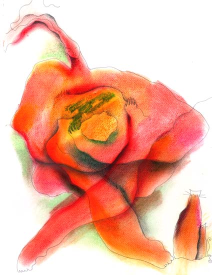 88-mujer roja abrazando bebe y con gatos